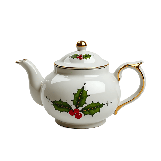 Free transparent PNG: White China Teapot with Holly Berry Design and Gold Handle PNG