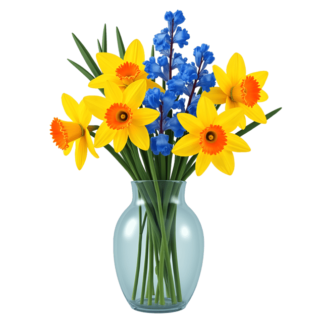 Free transparent PNG: Bright Mix of Yellow Daffodils and Blue Irises in a Modern Glass Vase - Beautiful Illustration Clipart