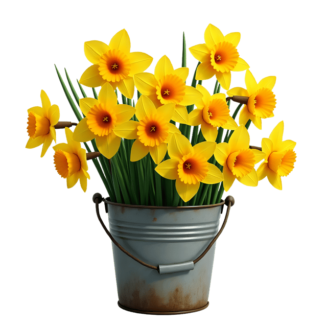 Free transparent PNG: Rustic Iron Bucket with Daffodils PNG Transparent Background