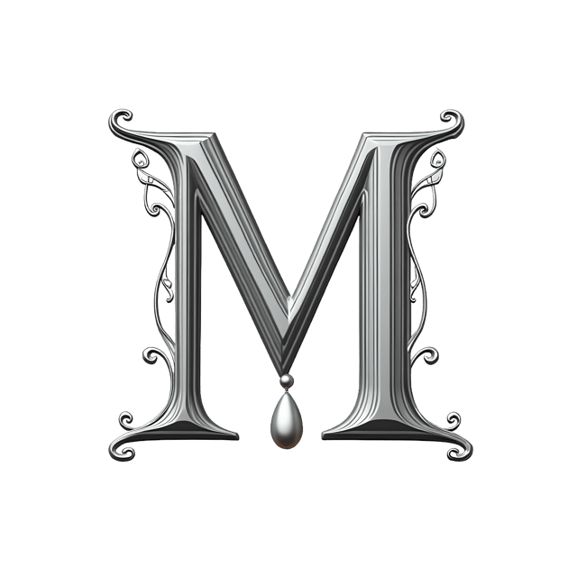 Free transparent PNG: Elegant Silver Letter 'M' with Filigree and Pearl Drop PNG Design