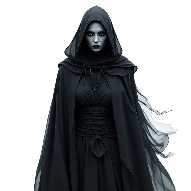Free transparent PNG: Enigmatic Humanoid in Dark Robes with Mysterious Gaze - Isolated White Background