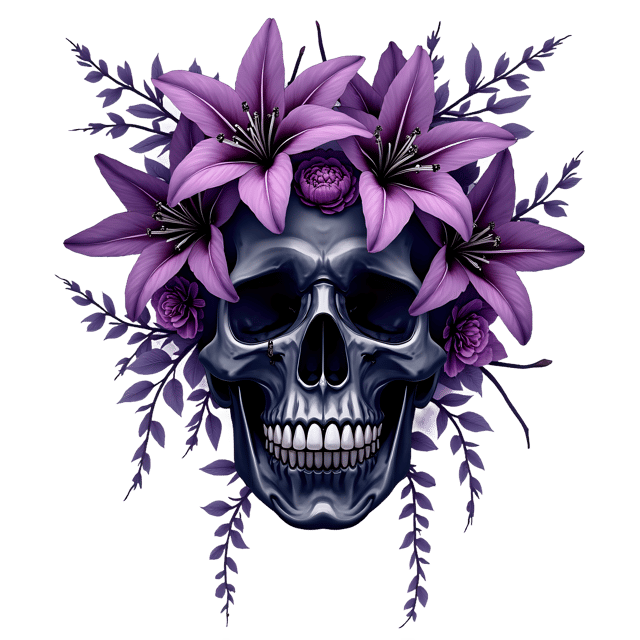 Free transparent PNG: Dramatic Black Floral Skull with Lilies and Ivy - Deep Purple Tones PNG