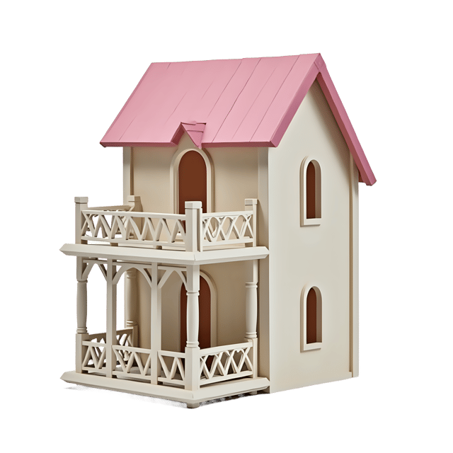Free transparent PNG: Delicate Wooden Dollhouse with Pastel Pink Roof and White Railings PNG