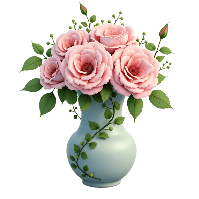 Free transparent PNG: Pastel Floral Vase  Free Downloadable PNG Clipart with Soft Pink Roses and Green Ivy
