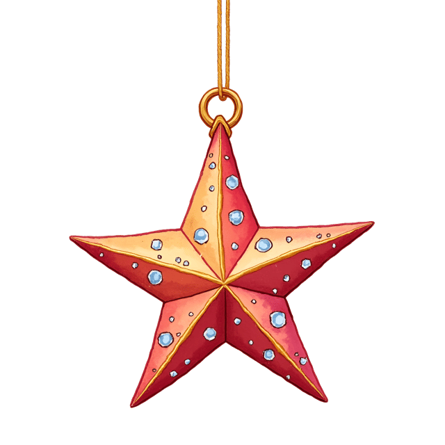 Free transparent PNG: Gilded Silver Star Ornament with Cubic Zirconia Stones and Golden Hook - Whimsical Watercolor Illustration