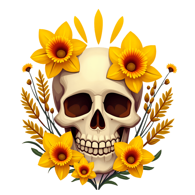 Free transparent PNG: Radiant Yellow Floral Skull with Daffodils and Wheat PNG Illustration