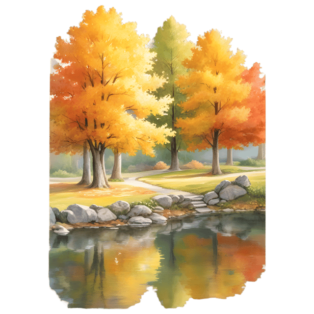 Free transparent PNG: Golden Light Through Autumn Trees by a Quiet Pond - Transparent Background PNG