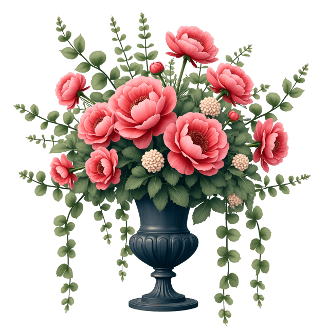 Free transparent PNG: Stunning Flowers with Trailing Ivy in Wrought Iron Vase Illustration