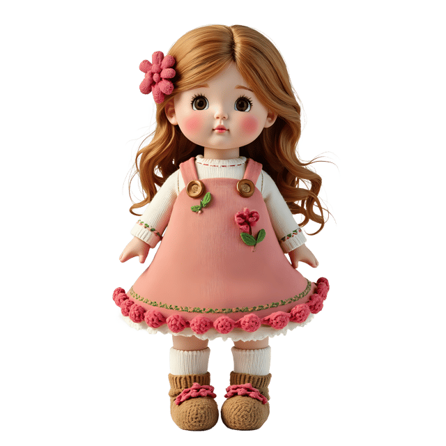 Free transparent PNG: Knitted Doll in a Dress with Flowers PNG Transparent Background