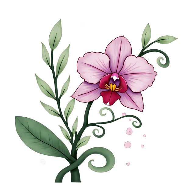 Free transparent PNG: Hand-Drawn Orchid with Swirly Leaves and Playful Patterns on Transparent Background