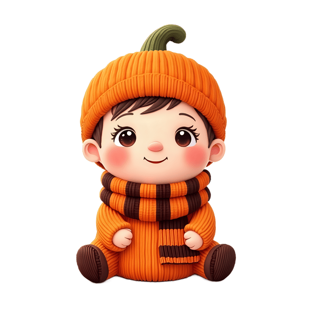 Free transparent PNG: Knitted Babydoll with Orange Pumpkin Hat and Striped Scarf PNG Image