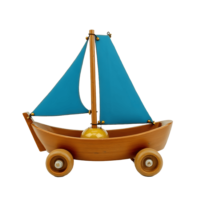 Free transparent PNG: Playful Wooden Toy Boat with Bright Blue Sails and Gold Accents PNG
