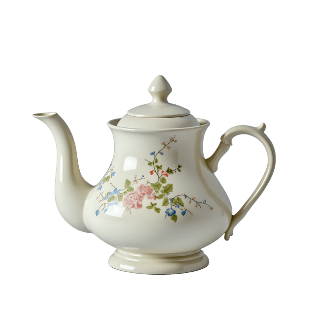Free transparent PNG: White Ceramic Teapot with Delicate Floral Patterns and Long Spout PNG