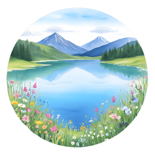Free transparent PNG: Tranquil Lake with Wildflowers and Distant Hills - PNG Background