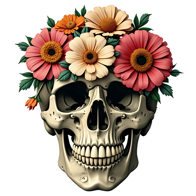Free transparent PNG: Detailed Human Skull Floral Arrangement PNG with Transparent Background for Art and Design