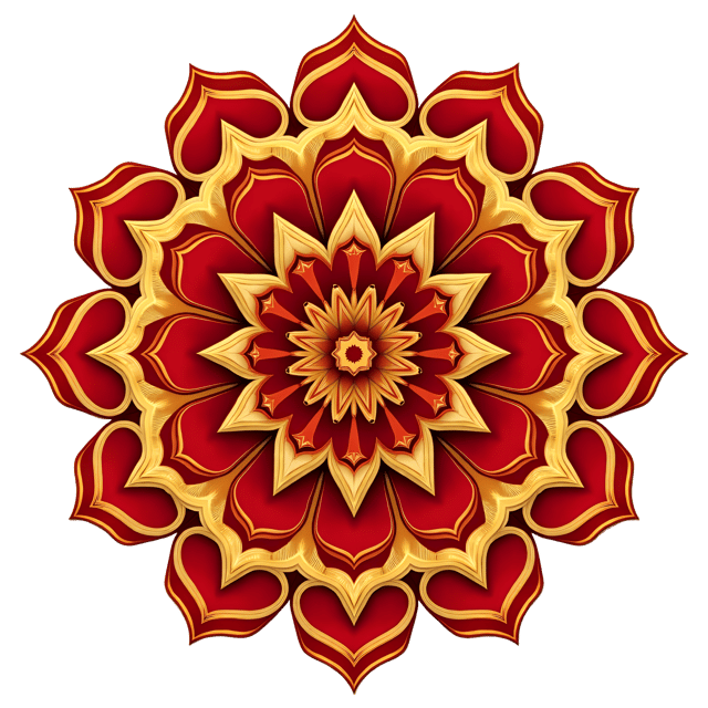 Free transparent PNG: Abstract Symmetrical Mandala in Red and Gold with Repeating Patterns