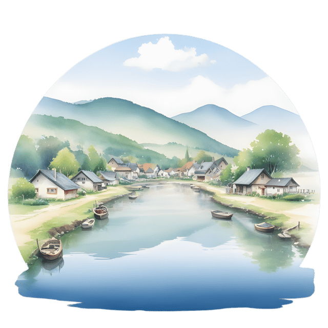 Free transparent PNG: Serene Waterside Village PNG with Soft Morning Light for Tranquil Scenes