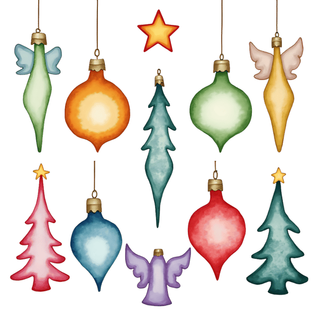 Free transparent PNG: Colorful Star, Tree, and Angel Glass Ornament PNG Set for Creative Projects