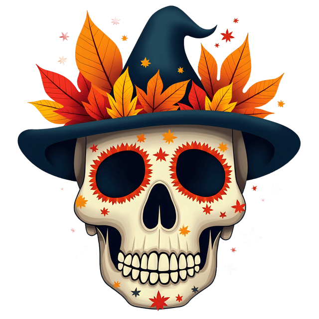 Free transparent PNG: Colorful Autumn Floral Skull with Orange and Yellow Leaves PNG