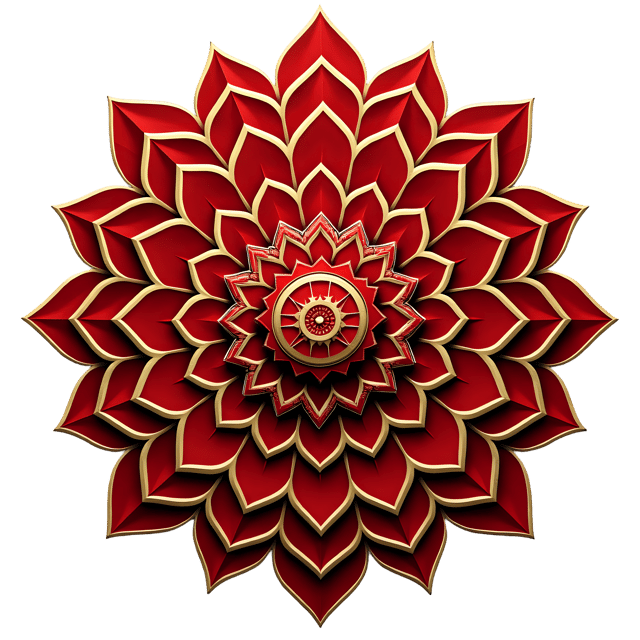 Free transparent PNG: Exquisite Red and Gold Mandala with Layered Triangles and Sacred Geometry on Transparent Background