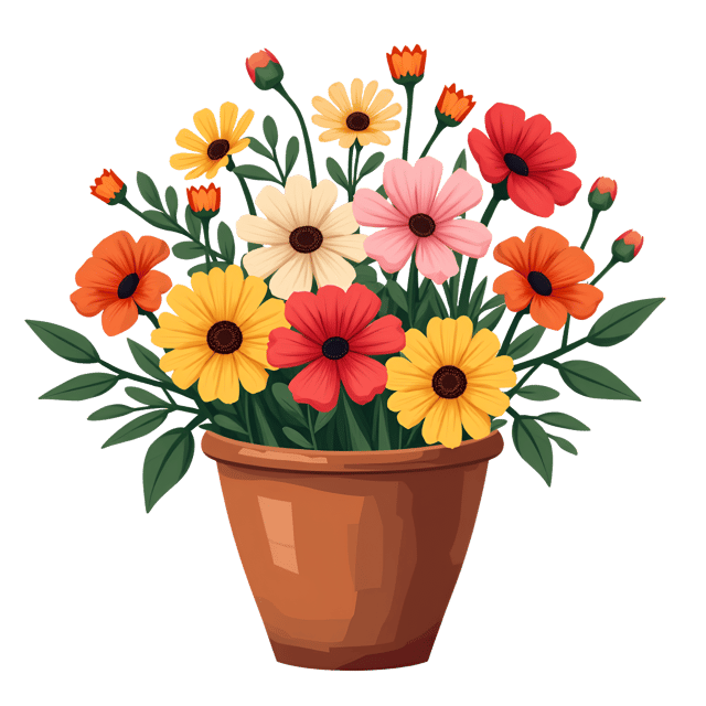 Free transparent PNG: Colorful Daisy and Poppy Illustration with Terracotta Vase