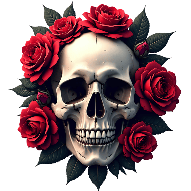 Free transparent PNG: Sinister Red Floral Skull with Thorny Roses and Dark Leaves PNG Design