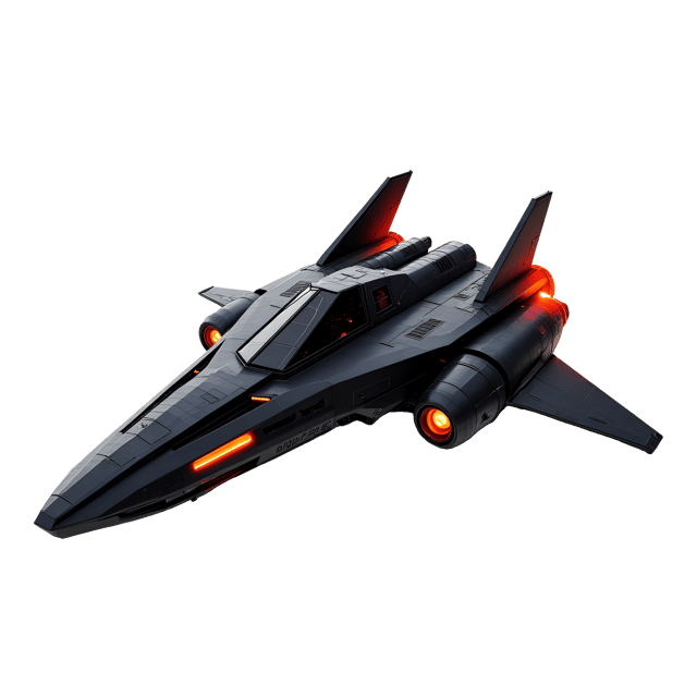 Free transparent PNG: Futuristic Black Spaceship with Red Engine Flames on White Background