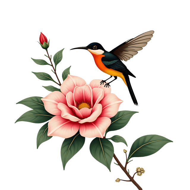 Free transparent PNG: Chinoiserie Camellia and Paradise Flycatcher PNG Clipart  Unique Oriental Art Design Elements