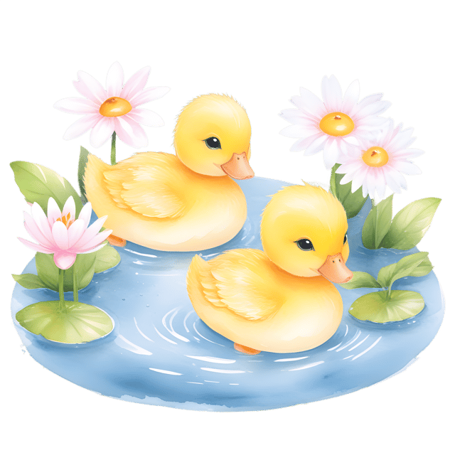 Free transparent PNG: Cute Ducklings Swimming in a Pond with Flowers - Transparent Background PNG