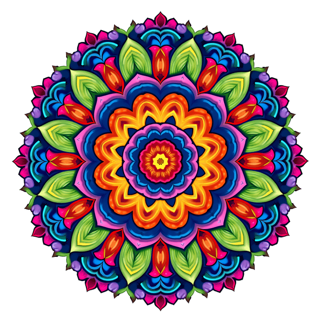 Free transparent PNG: Colorful Symmetrical Mandala Artwork with Vibrant Spirals
