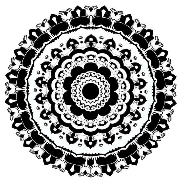Free transparent PNG: Elegant Black and White Mandala with Concentric Circles and Floral Motifs