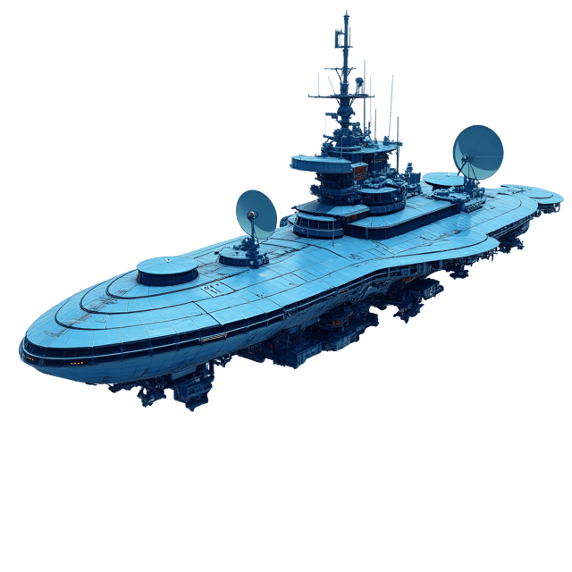 Free transparent PNG: Electric Blue Research Spaceship with Satellite Dishes and Glowing Panels - Isolated on White Background