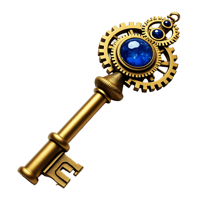 Free transparent PNG: Gold-plated Steampunk Key with Intricate Gears and Sapphire Crystal PNG
