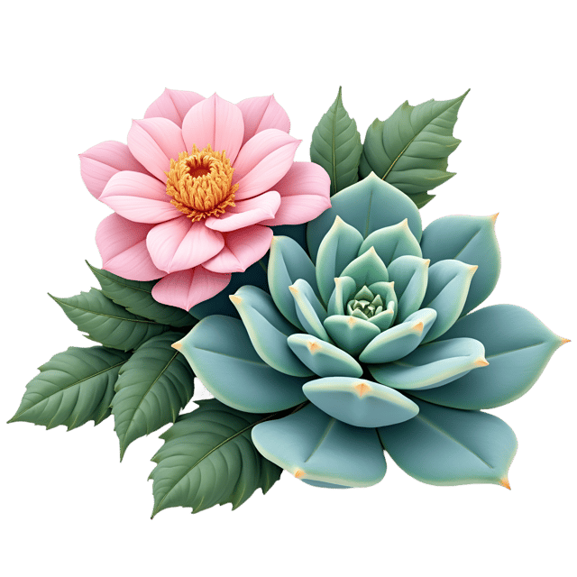 Free transparent PNG: Teal Succulents with Pale Pink Camellias  Botanical Clipart, free transparent png download