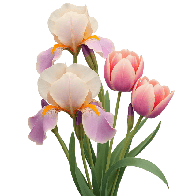 Free transparent PNG: Art Nouveau Arrangement  Swirling Irises and Soft Pastel Tulips, free high-quality png download