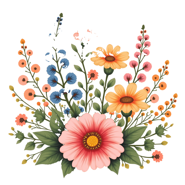 Free transparent PNG: Whimsical Daisy, Larkspur, and Snapdragon Bouquet Illustration in Watercolor Style
