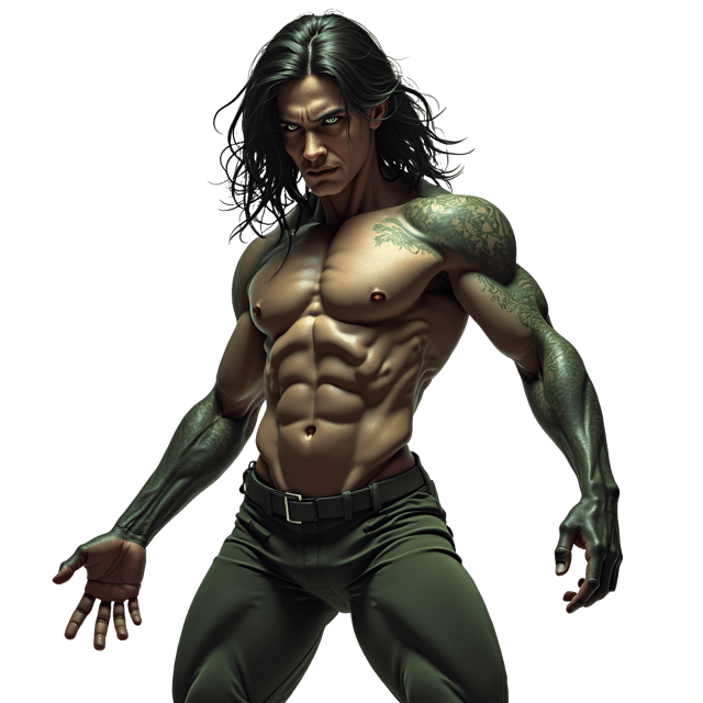 Free transparent PNG: Powerful Humanoid Male Figure with Intense Green Eyes - Realistic Illustration