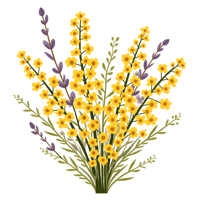 Free transparent PNG: Goldenrod Bouquet with Tiny Yellow Flowers and Purple Accents - Whimsical Cute Cartoon Watercolor Illustration