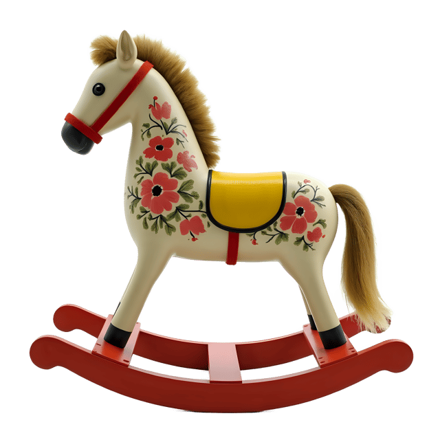 Free transparent PNG: Delicate Wooden Rocking Horse PNG with Hand-Painted Flowers and Soft Mane