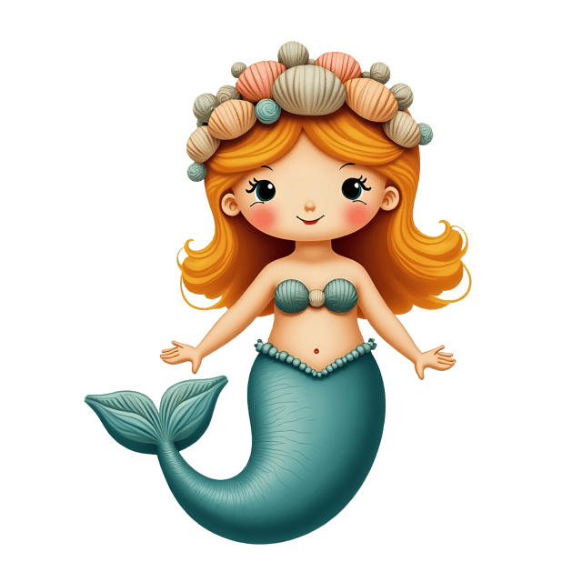 Free transparent PNG: Tiny Mermaid with Shimmering Blue Tail and Seashell Crown PNG
