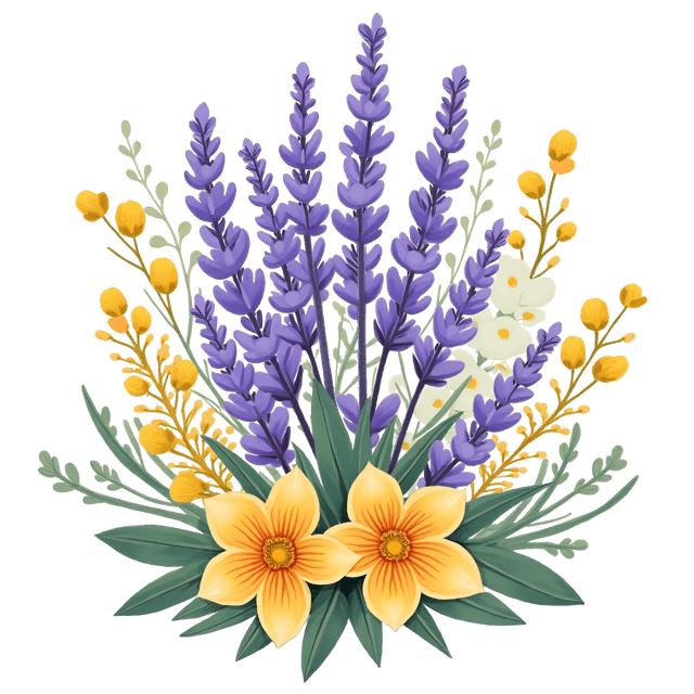 Free transparent PNG: Soft Lavender and Goldenrod Bouquet Watercolor Illustration