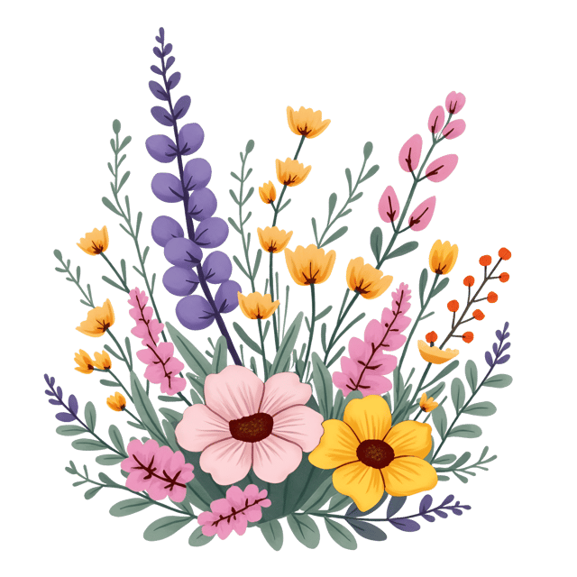 Free transparent PNG: Whimsical Wildflower Arrangement with Lavender and Yellow Accents