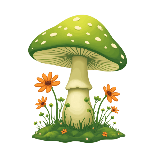 Free transparent PNG: Cheerful Green Mushroom with Blooming Flowers Clipart Illustration