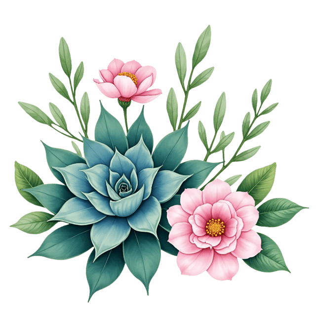 Free transparent PNG: Teal Succulents with Pale Pink Camellias  Botanical Clipart, free high-quality png download