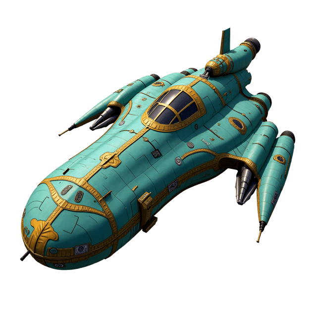 Free transparent PNG: Teal Spaceship with Gold Trim and Intricate Geometric Patterns on White Background