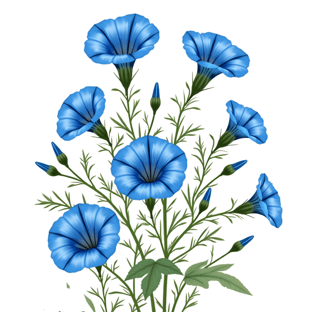 Free transparent PNG: Cerulean Morning Glory Illustration with Delicate Vines and Vibrant Blooms