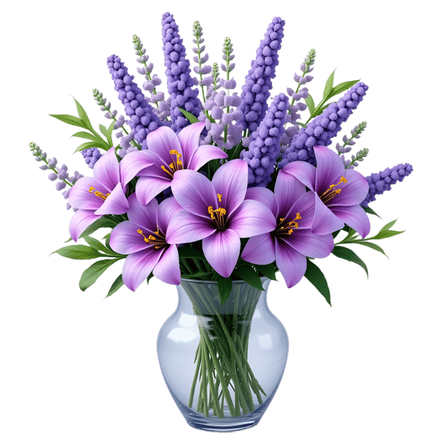 Free transparent PNG: Lavender Vase Decorated with Clusters of Violets and Lilies  Floral Clipart, free transparent png download