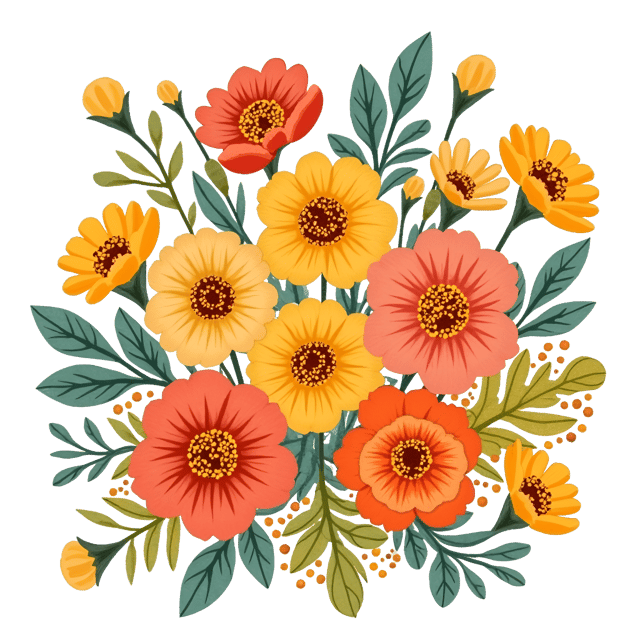 Free transparent PNG: Vibrant Marigold, Zinnia, and Daisy Bouquet Illustration in Whimsical Watercolor Style