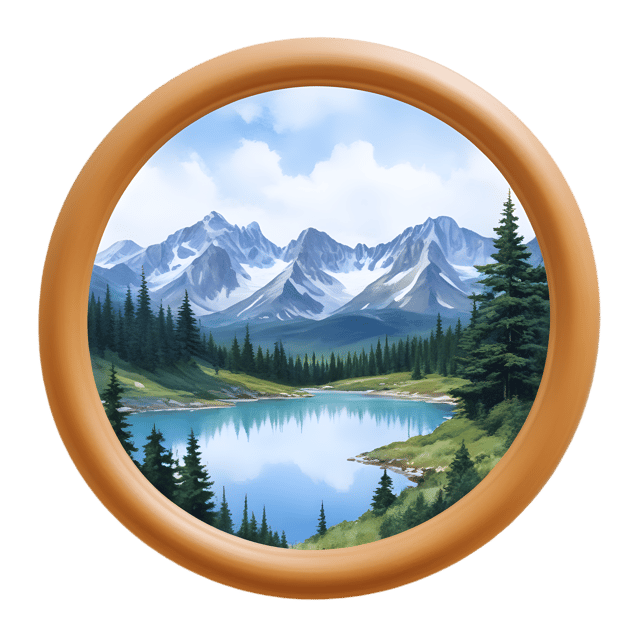 Free transparent PNG: Majestic Mountains and Circular Mirror PNG Design for Nature Lovers and Decorative Uses