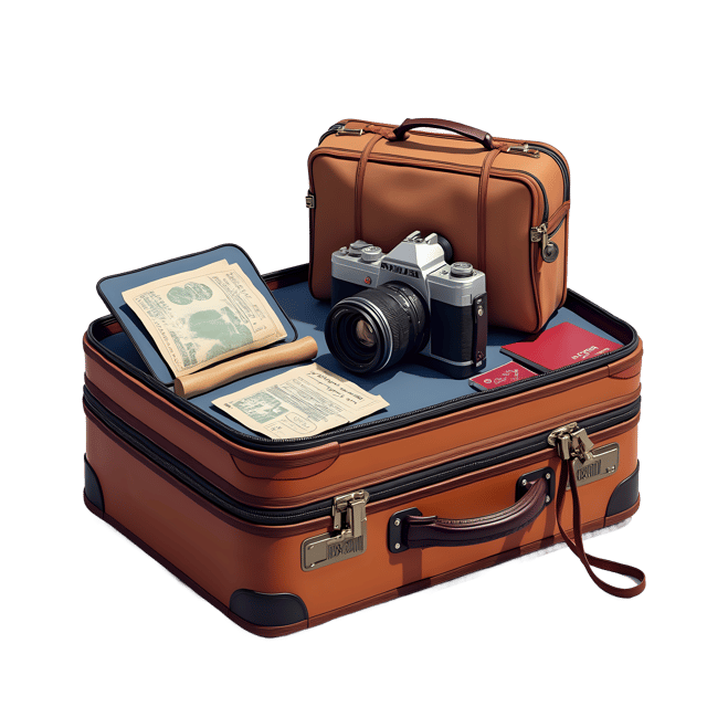 Free transparent PNG: Packed Suitcase with Passport and Camera PNG Transparent Background